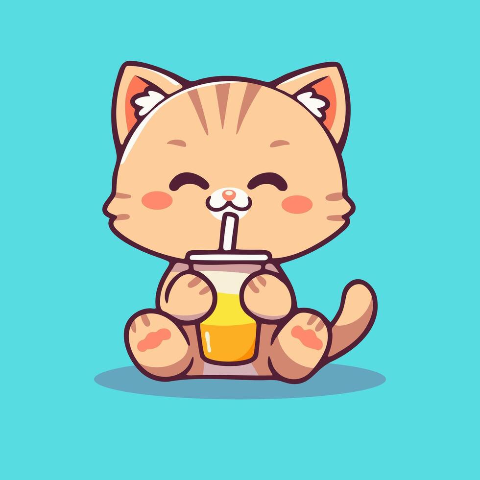Cute cartoon cat drinking juice with a straw vector