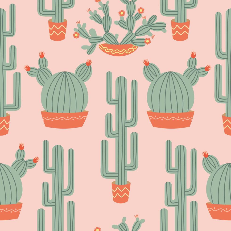 Seamless pattern with cactus in a pot, flowers. Colorful design for fabric, gift paper. vector