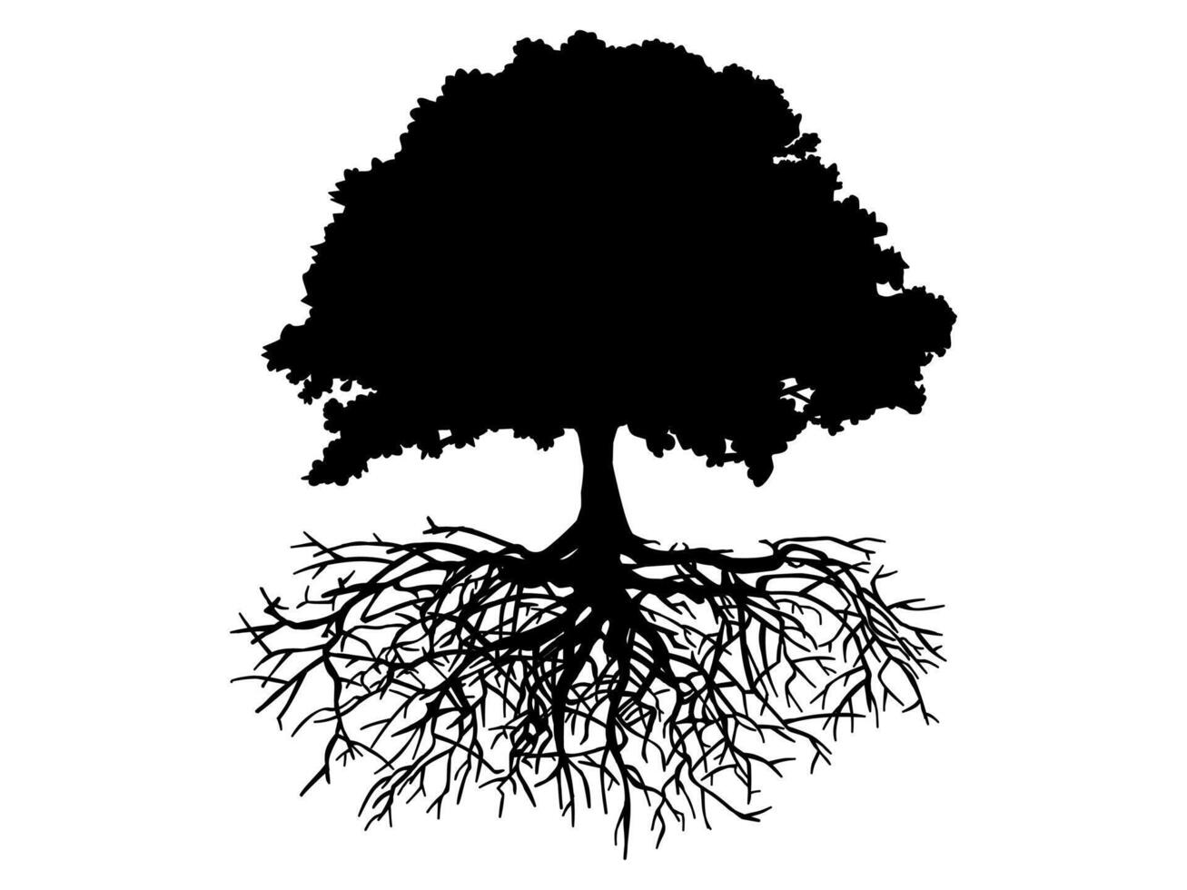 Black Tree and roots with leaves silhouette logo or icon concept style. vector