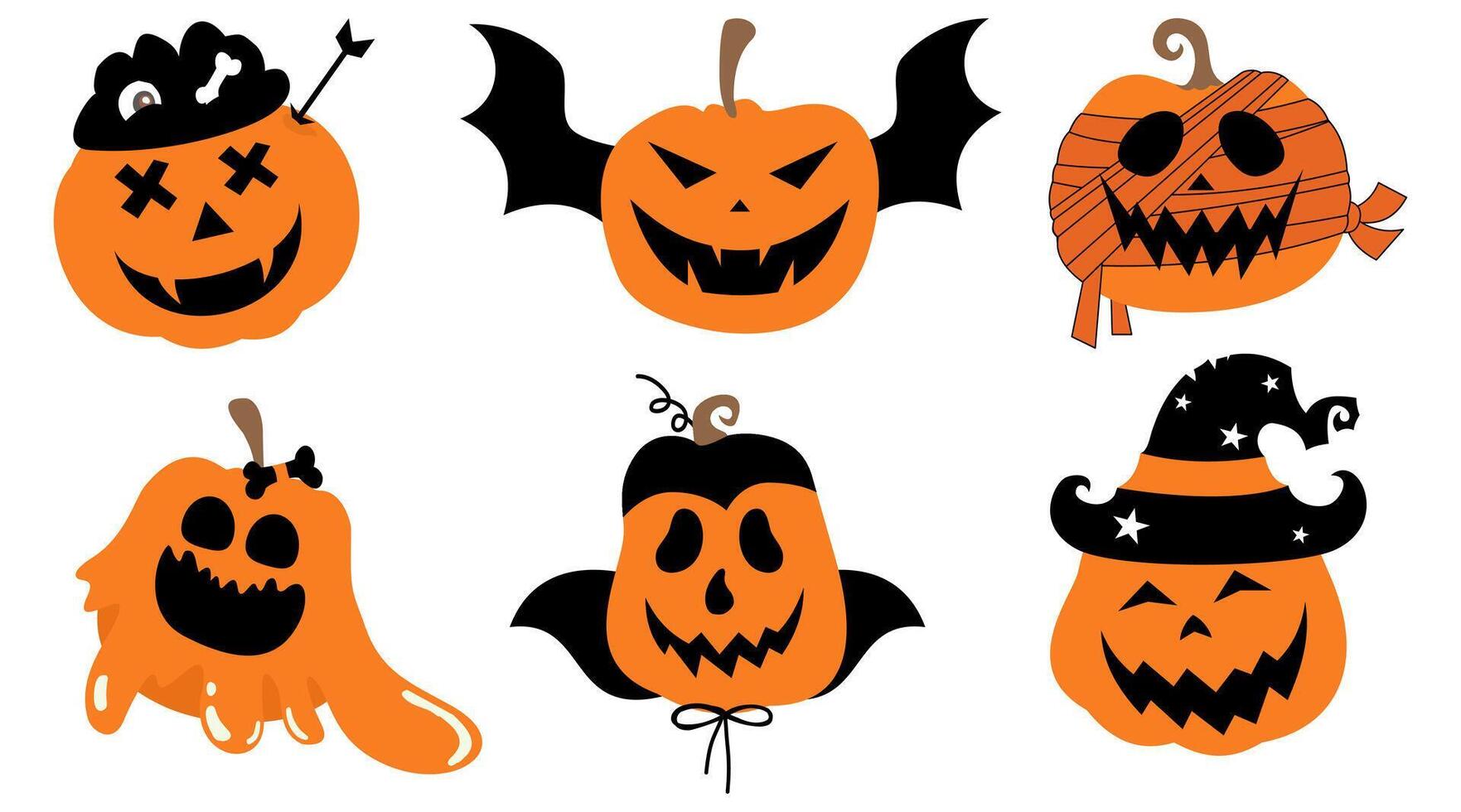 A set of Halloween pumpkin illustrations horror on white background, Jack-o-Lantern on white background. vector