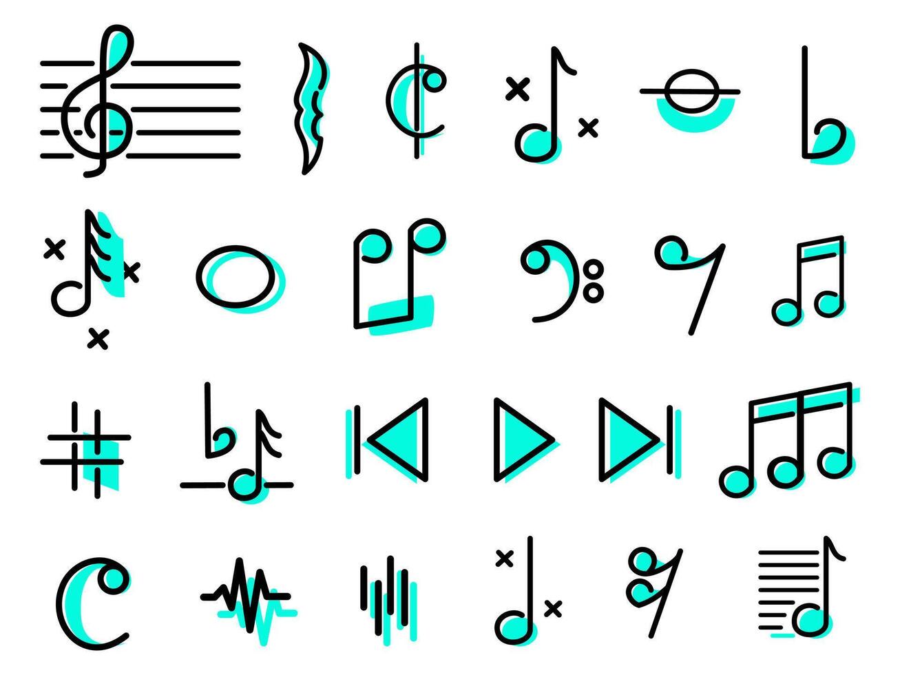 ollection of musical notes and symbols. Musical notes in various shapes. Symbols include treble clef, rests, and more. vector