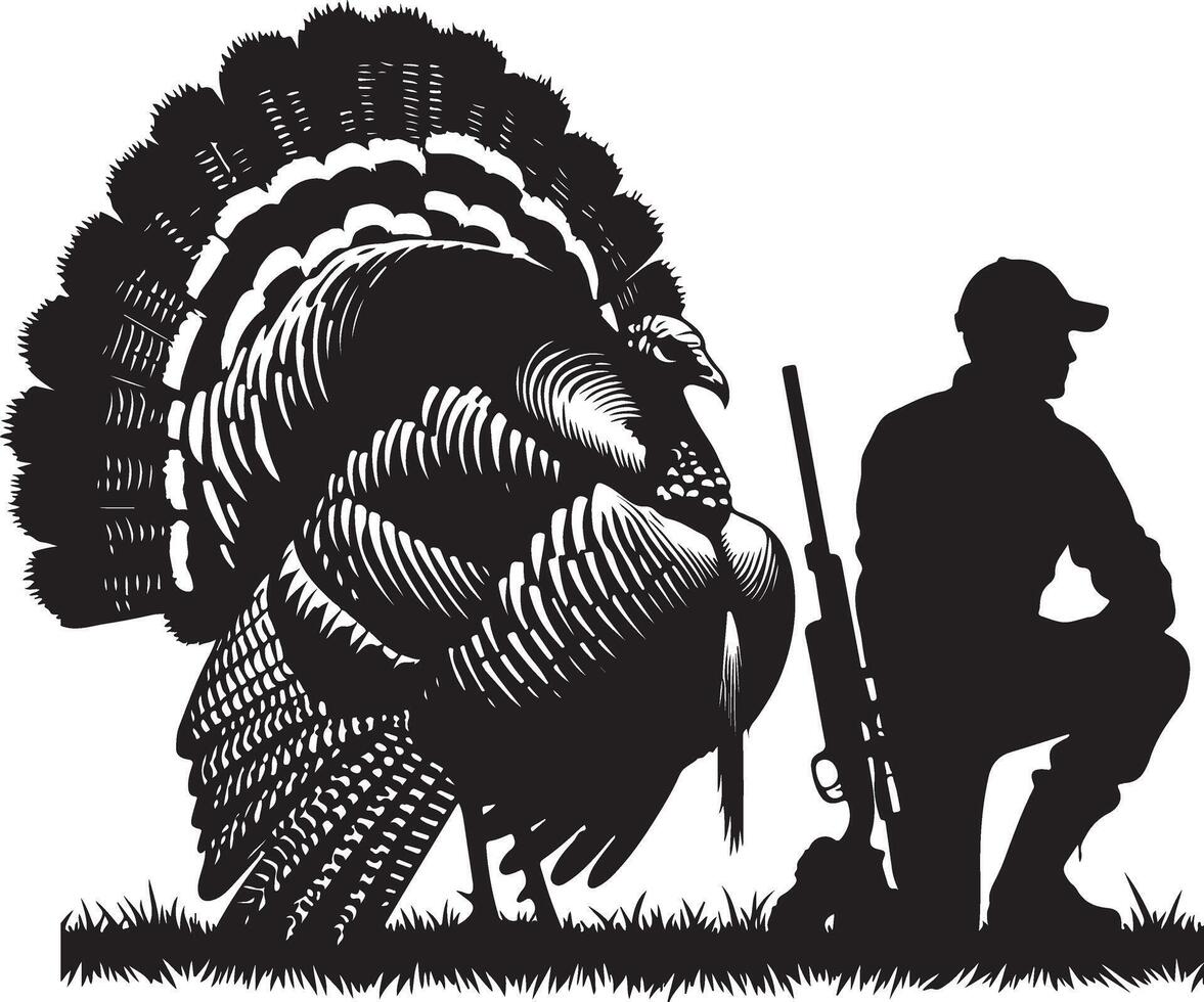 silhouette of a hunter hunter with shotgun Hunter in Camo Kneeling Near Turkey Hunting Silhouette vector