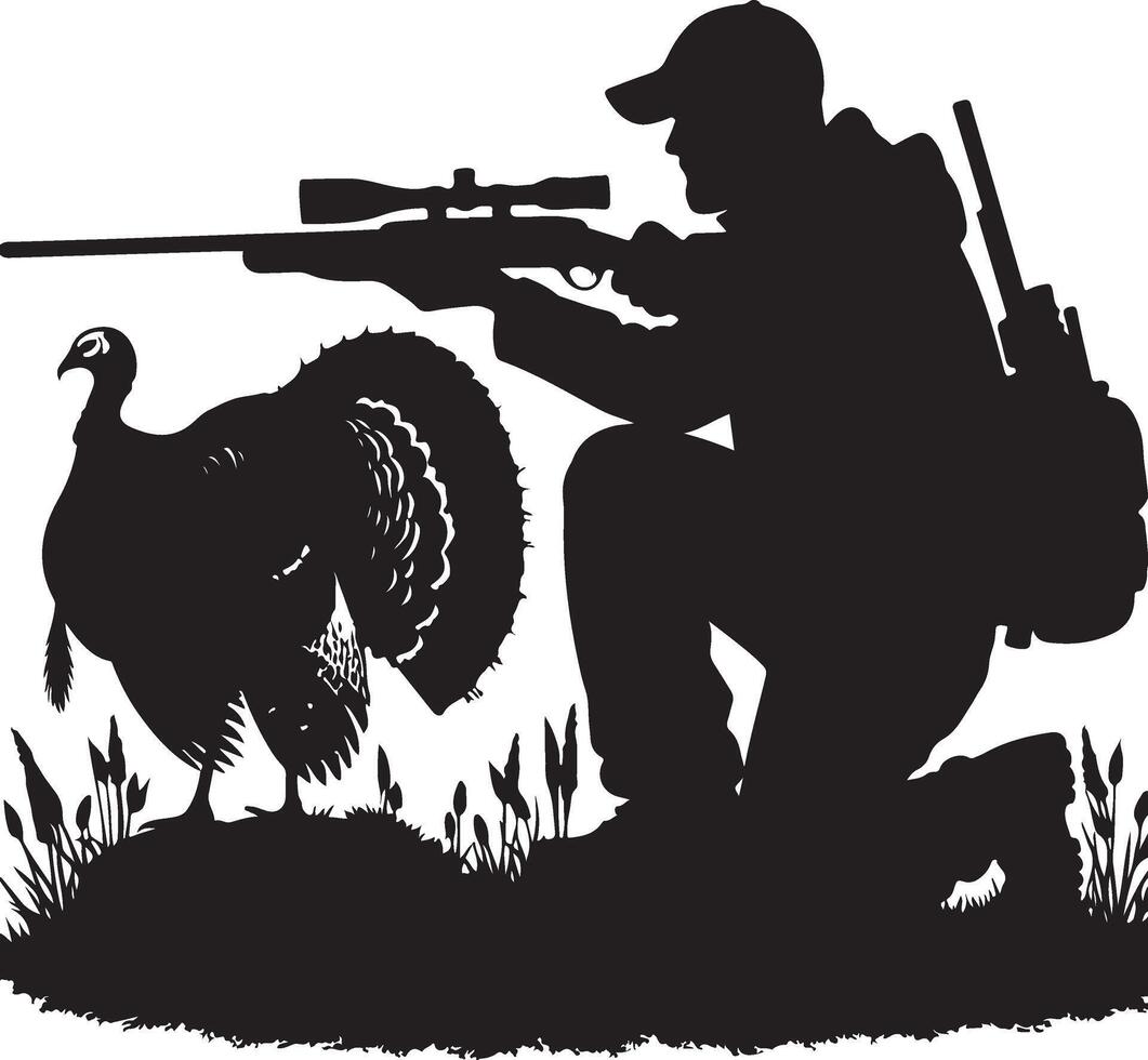 Hunter in Camo Kneeling Near Turkey Hunting Silhouette vector