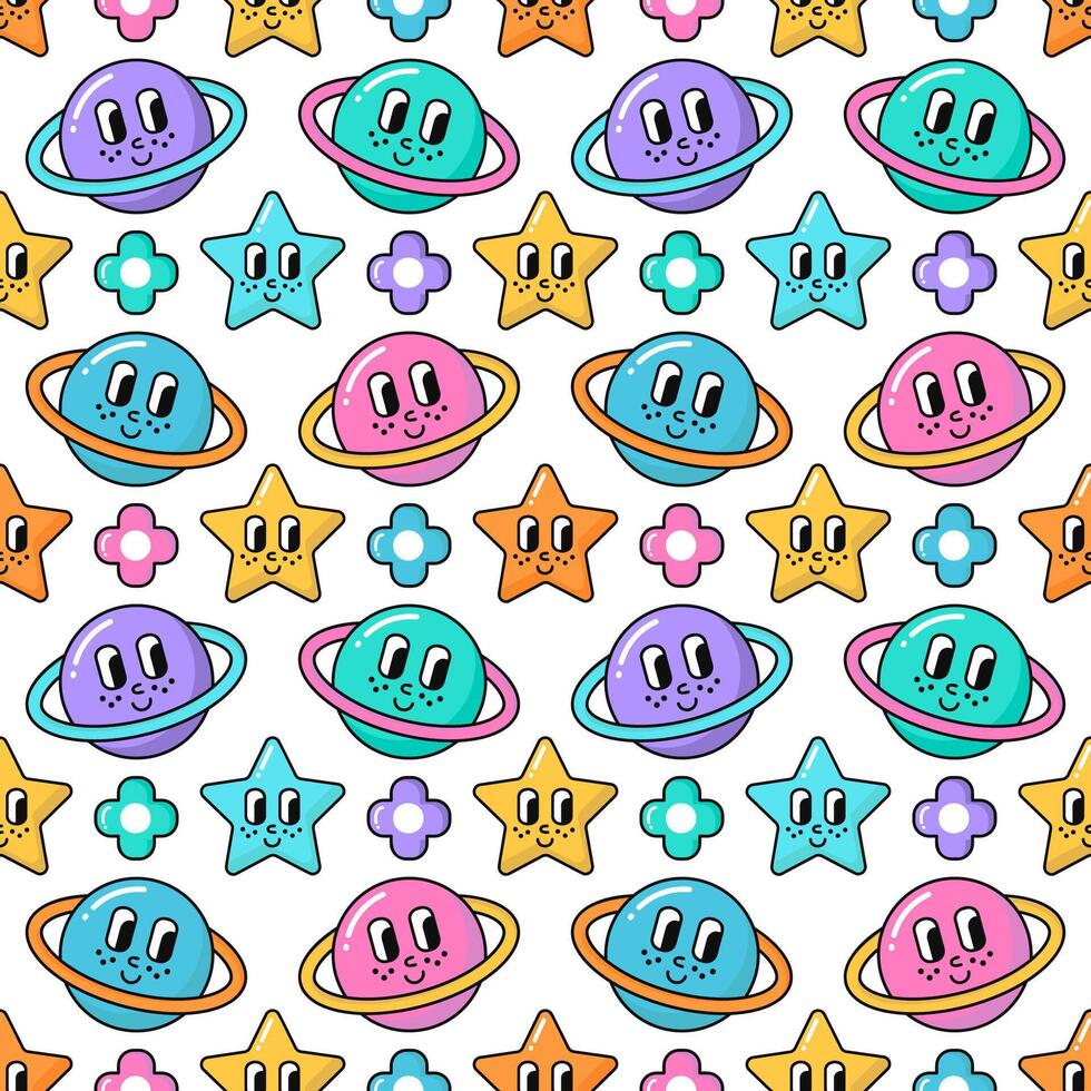 Y2K Seamless Pattern of Groovy Retro 90s style elements. Planets, Flowers, Stars with eyes and Smiles Background. vector