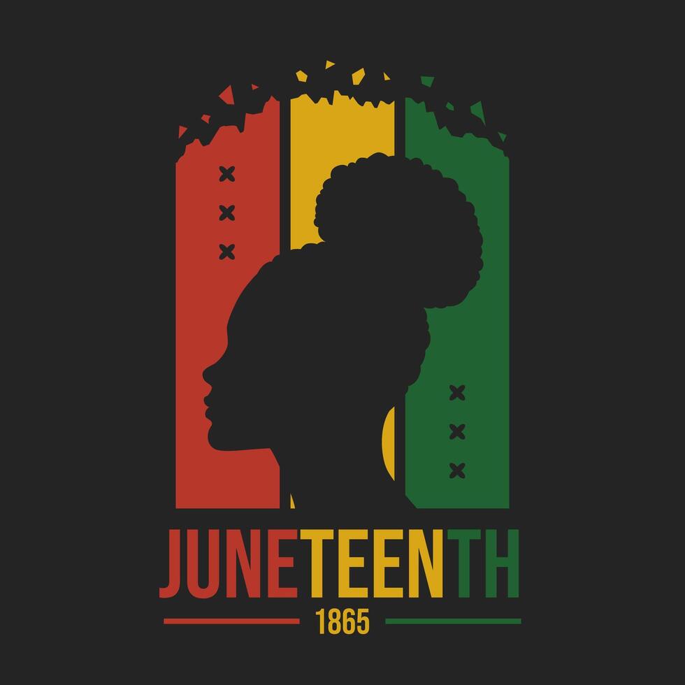 African American Juneteenth greeting background with silhouette of an afro woman side profile on red, yellow, and green flag suitable for shirt design or event celebration on June 19 vector