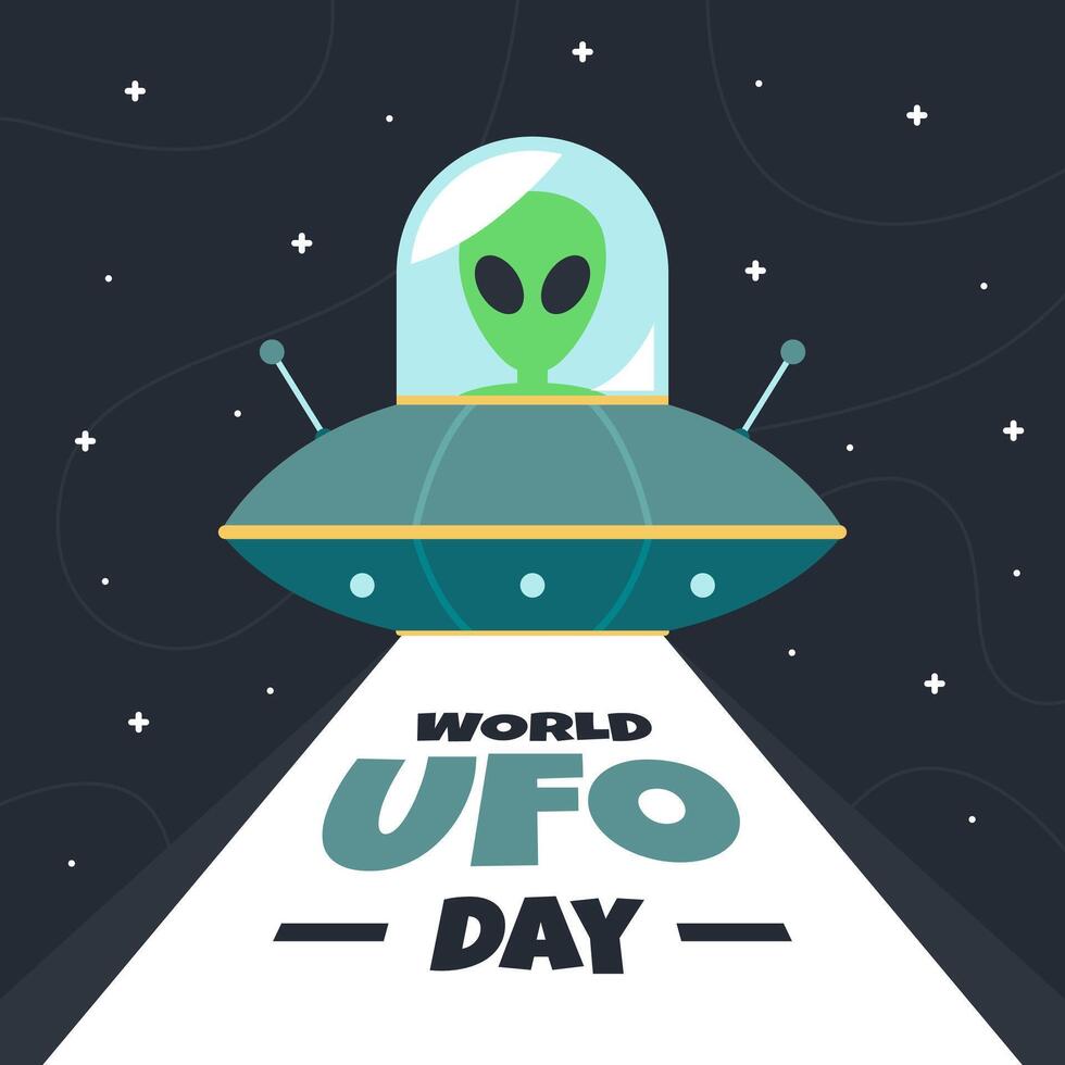 World UFO Day greetings social media post template background with green aliens and flying saucers. World UFO Day background illustration vector