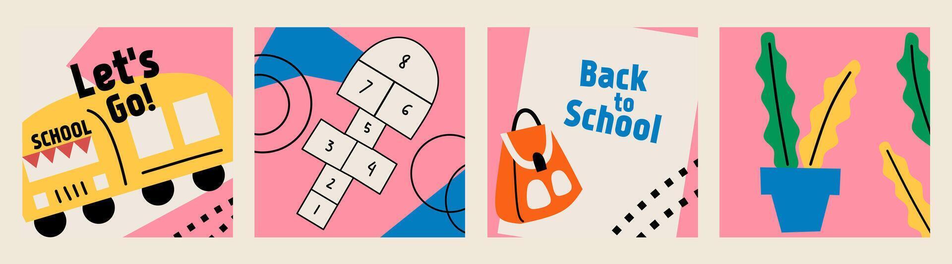 Set of Back to school cards. Flat style education icons, symbols, doodles on pink square background. Art collage, papers, hand drawn fun design elements. Bright colorful school subjects concept. vector