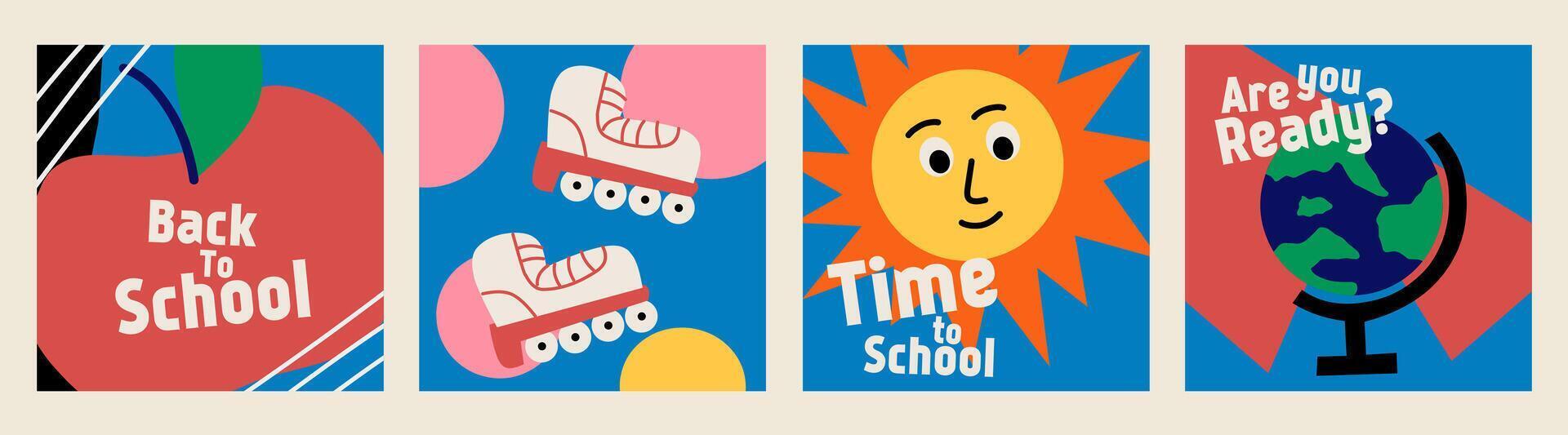 Set of Back to school cards. Flat style education icons, symbols, doodles on blue square background. Art collage, papers, hand drawn fun design elements. Bright colorful school subjects concept. vector