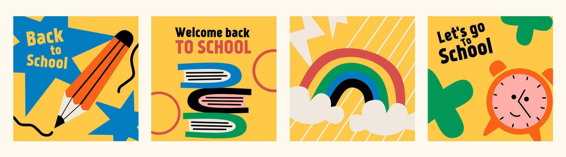 Set of Back to school cards. Flat style education icons, symbols, doodles on yellow square background. Art collage, papers, hand drawn fun design elements. Bright colorful school subjects concept. vector