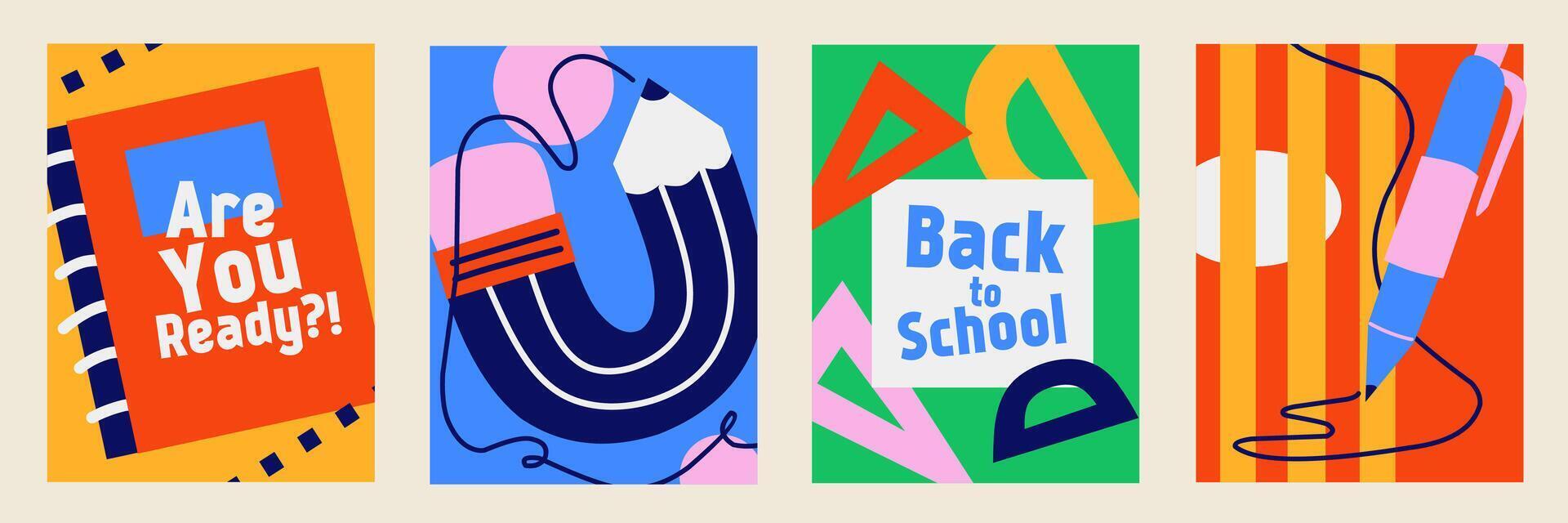 Set of Back to school cards. Creative flat style education icons, symbols, doodles on colorful background. Art collage, papers, hand drawn fun design elements. Bright colorful school subjects concept. vector