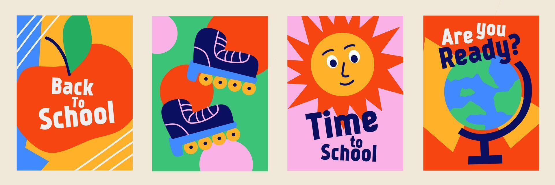 Set of Back to school cards. Simple flat style education icons, symbols, doodles on colorful background. Art collage, papers, hand drawn fun design elements. Bright school subjects concept. vector