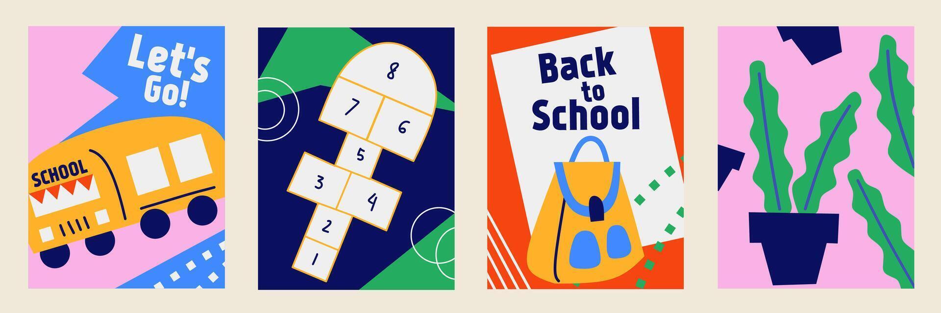 Set of Back to school cards. Modern flat style education icons, symbols, doodles on colorful background. Art collage, papers, hand drawn fun design elements. Bright colorful school subjects concept. vector
