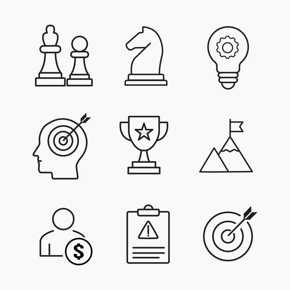 A set of outline icons set representing business strategy, planning, goals, innovation and success, Ideal for corporate and marketing design vector