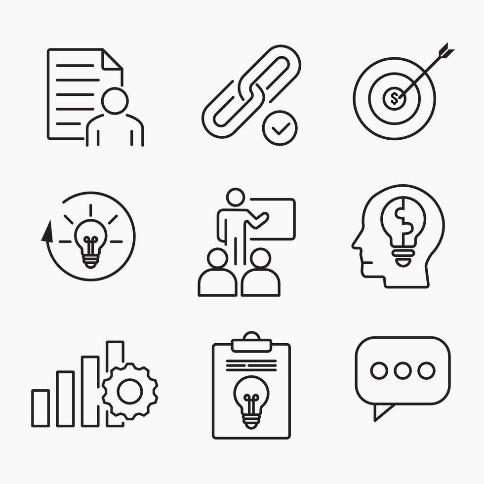 Creative Business Solutions minimal outline icon set for ideas, teamwork, goals, innovation and strategy concepts vector