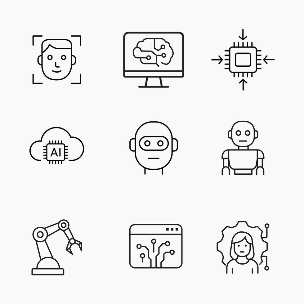 Artificial Intelligence Minimalist outline icon set representing, robotics, facial recognition, machine learning and automation vector