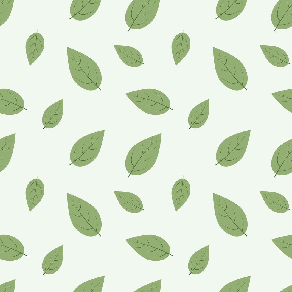Seamless pattern with simple green leaves on light background. Flat minimal style. Ideal for eco packaging, wallpaper, fabric, stationery, and nature-themed design projects. vector