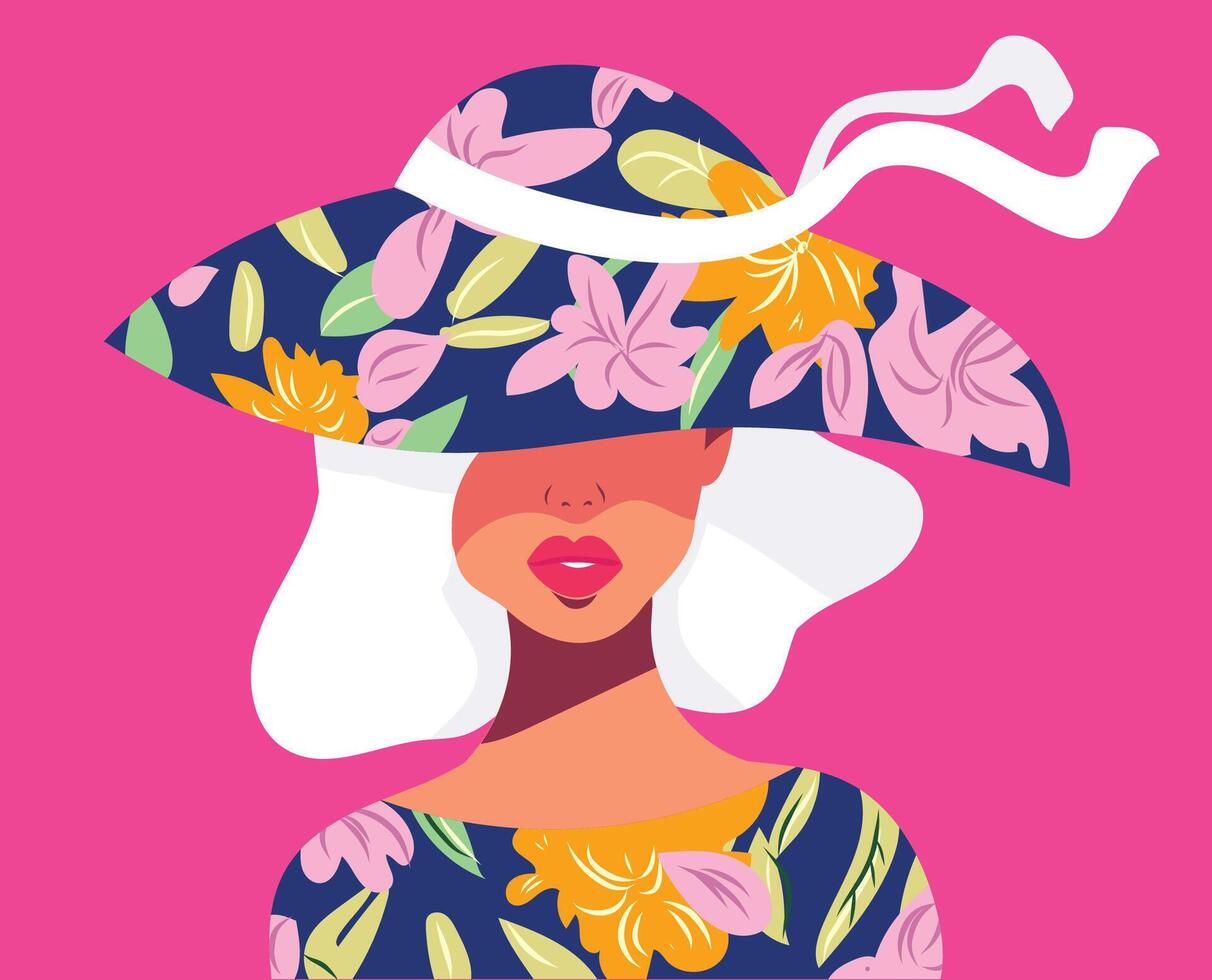 Bold illustration of a fashionable woman wearing a large floral hat and matching dress, set against a vivid pink background. vector