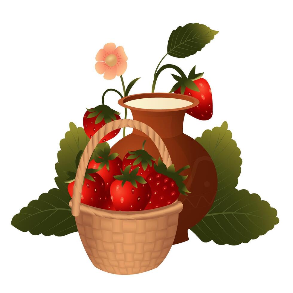 A basket of strawberries and a jug of milk against the background of a strawberry bush. vector