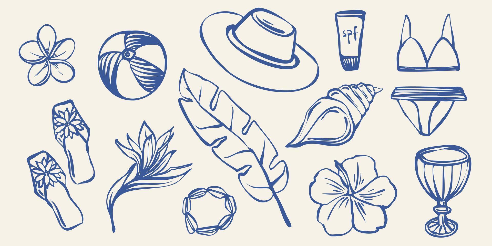 Hand drawn summer vacation elements including tropical flowers, leaves, drinks, shells, spf, swimwear, suitcase, hat. line art style. Suitable for coloring books, posters, packaging, web stickers vector