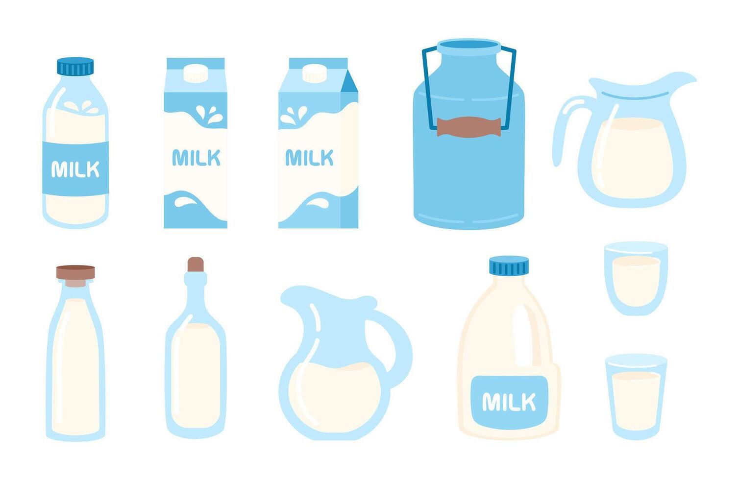 Milk in different packages set flat illustration. Milk bottle, jug and can. vector