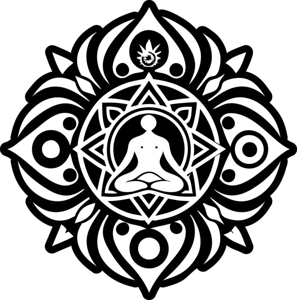 A black and white logo with a man in lotus position vector