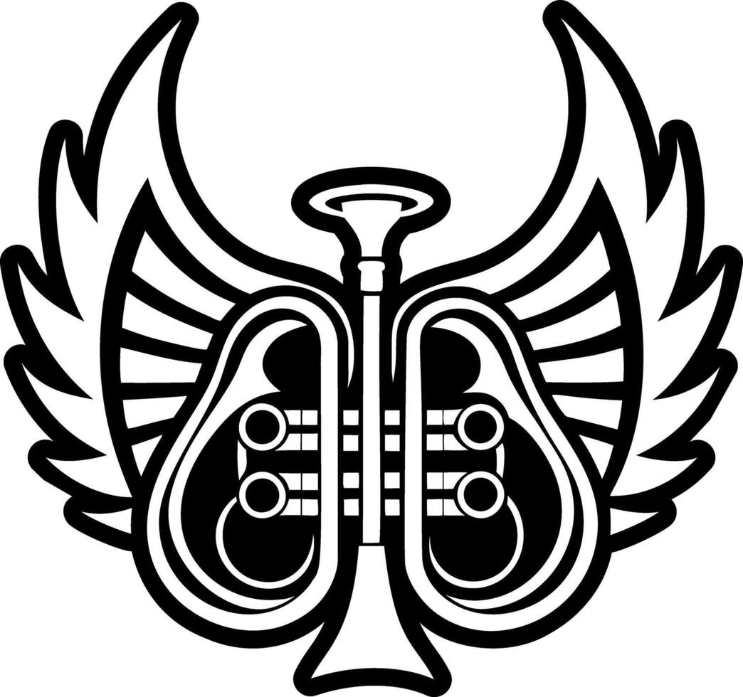 A black and white drawing of a trumpet with wings vector