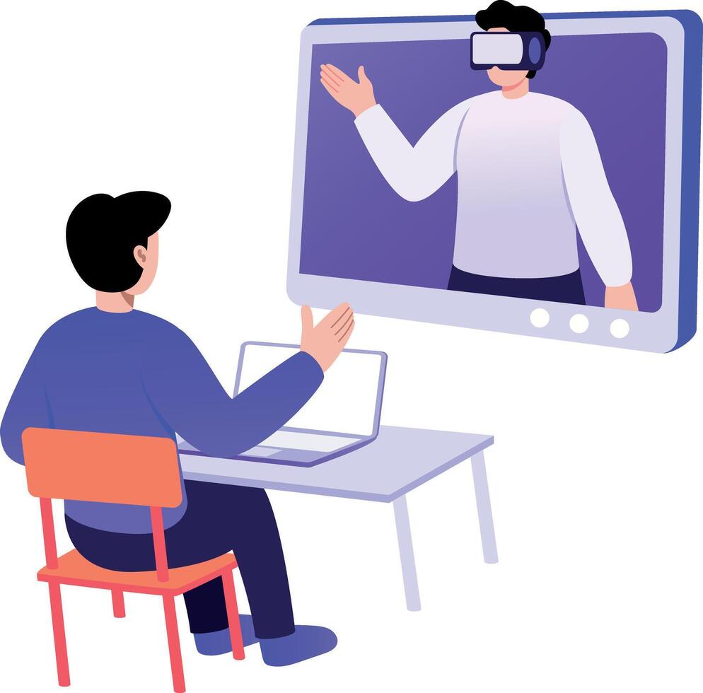 A flat style illustration showing a character doing vr learning vector