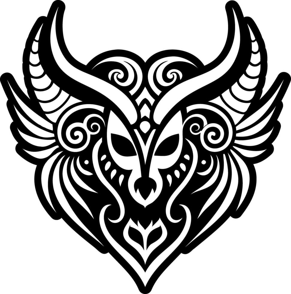 A black and white tattoo design of a horned head vector