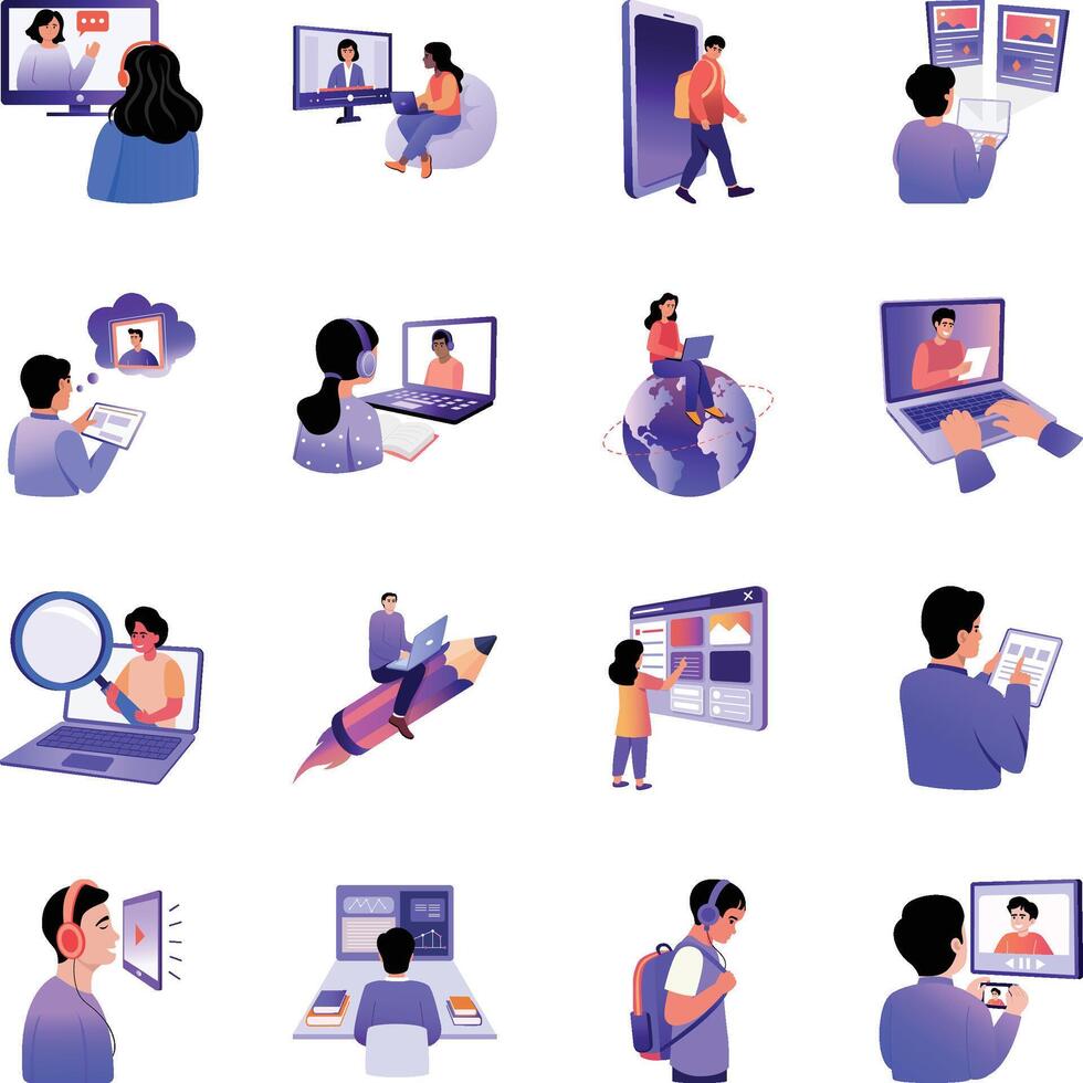 Collection of E Leaning Flat Style Illustrations vector