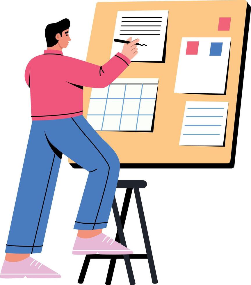 Flat style illustration showing a character making portfolio vector