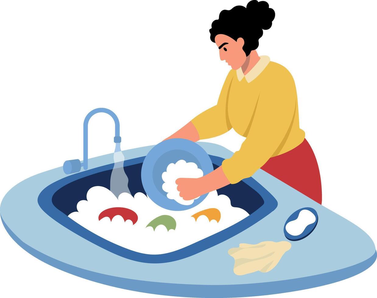 A flat style illustration showing a person washing dishes vector