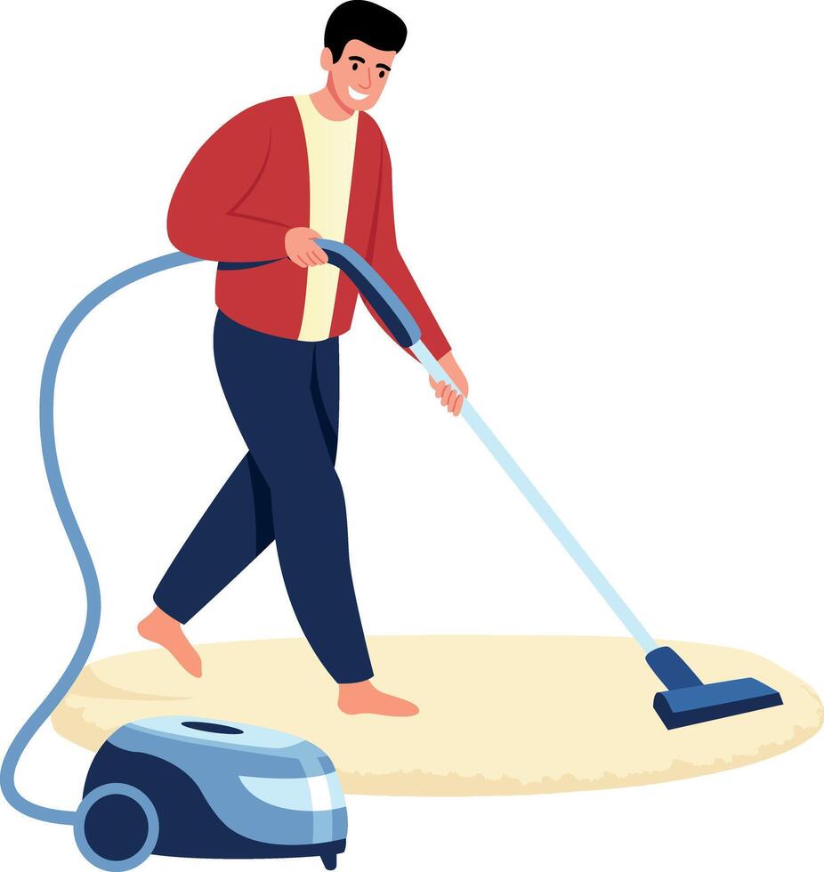 A flat style illustration showing a person vacuuming floor vector