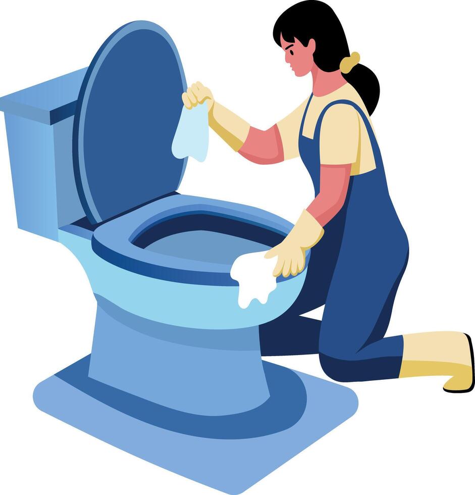A flat style illustration showing a character cleaning toilet vector