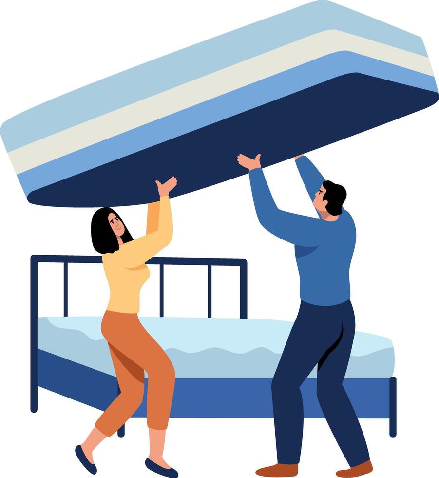 A flat style illustration showing a person flipping mattress vector