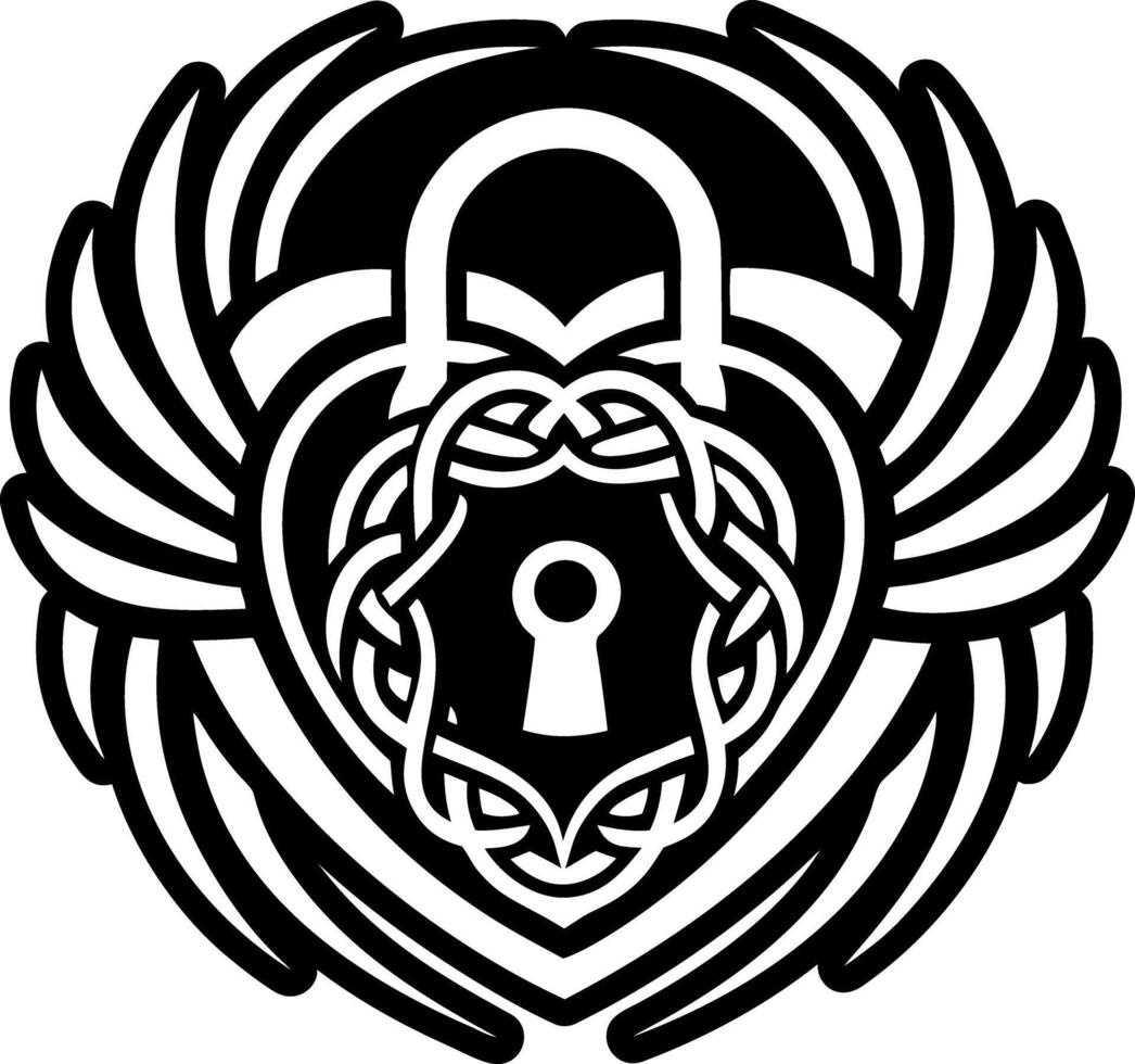A black and white heart with a lock and wings vector