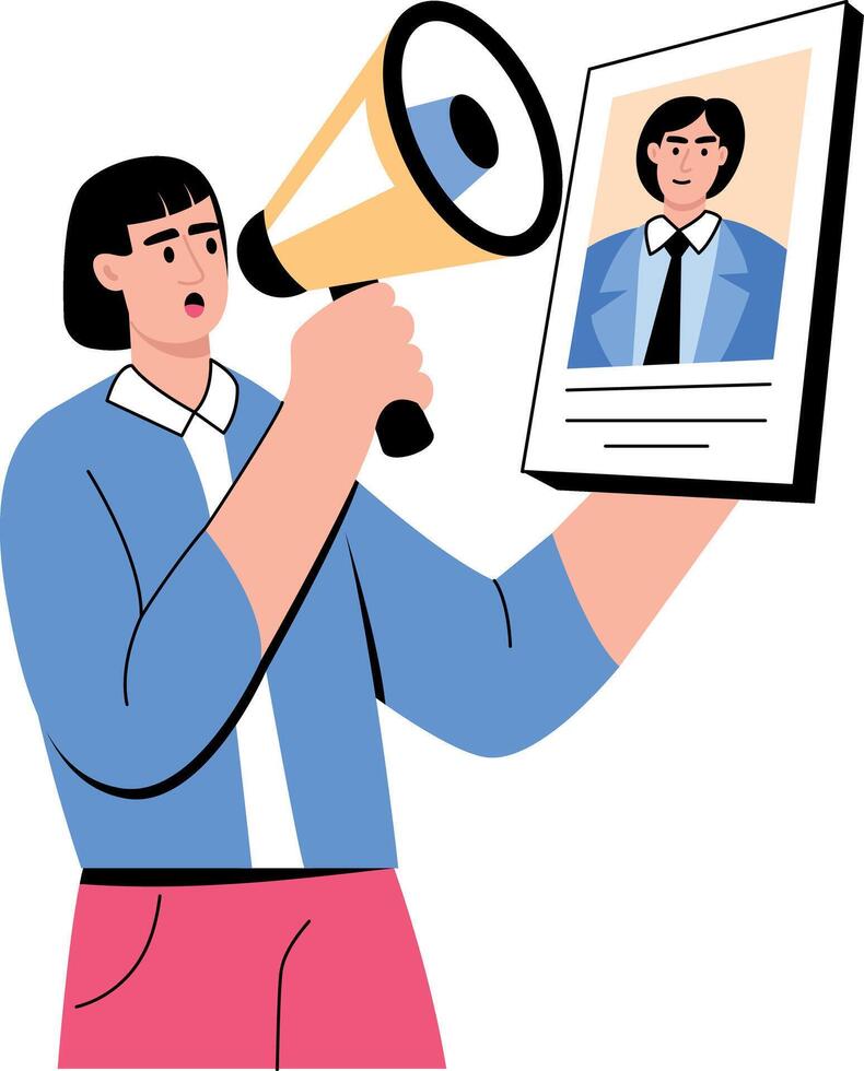 Flat style illustration showing a character announcing new vacancy vector