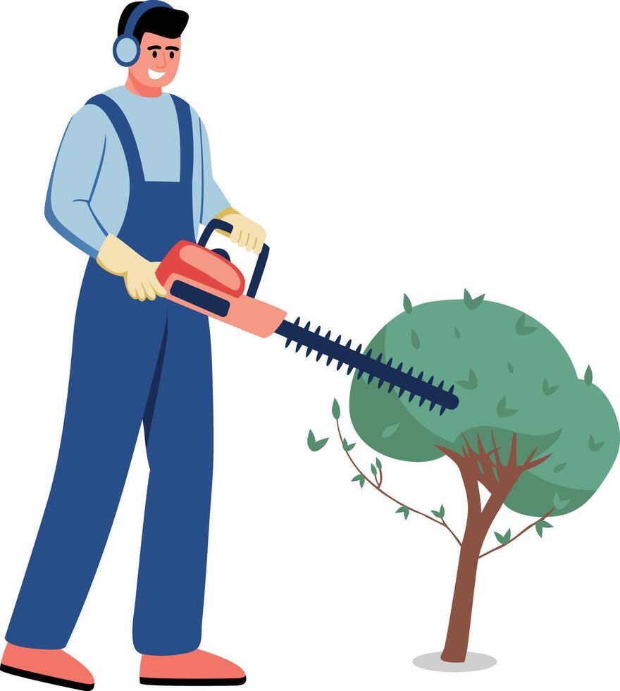 A flat style illustration showing a character trimming bushes vector