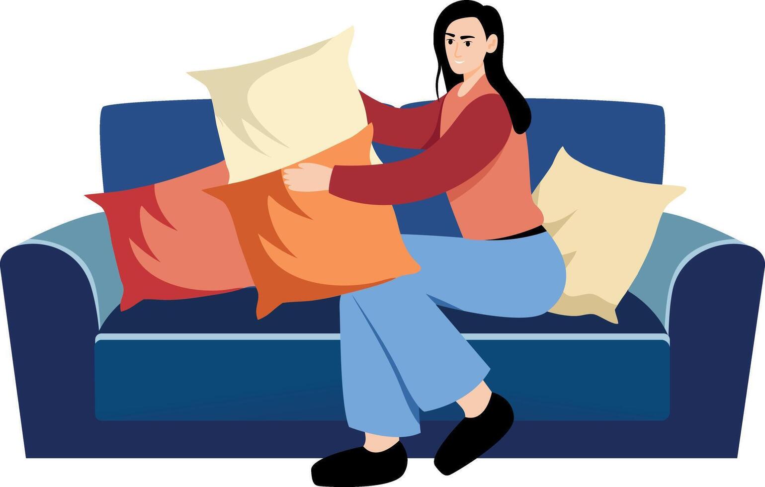 A flat style illustration showing a person fluffing cushions vector