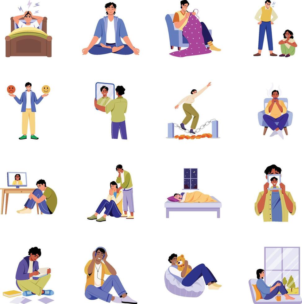 Set of Flat Style Mental Health Awareness Illustrations vector