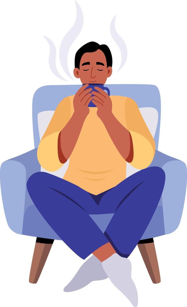 A character drinking coffee peacefully, flat style illustration vector
