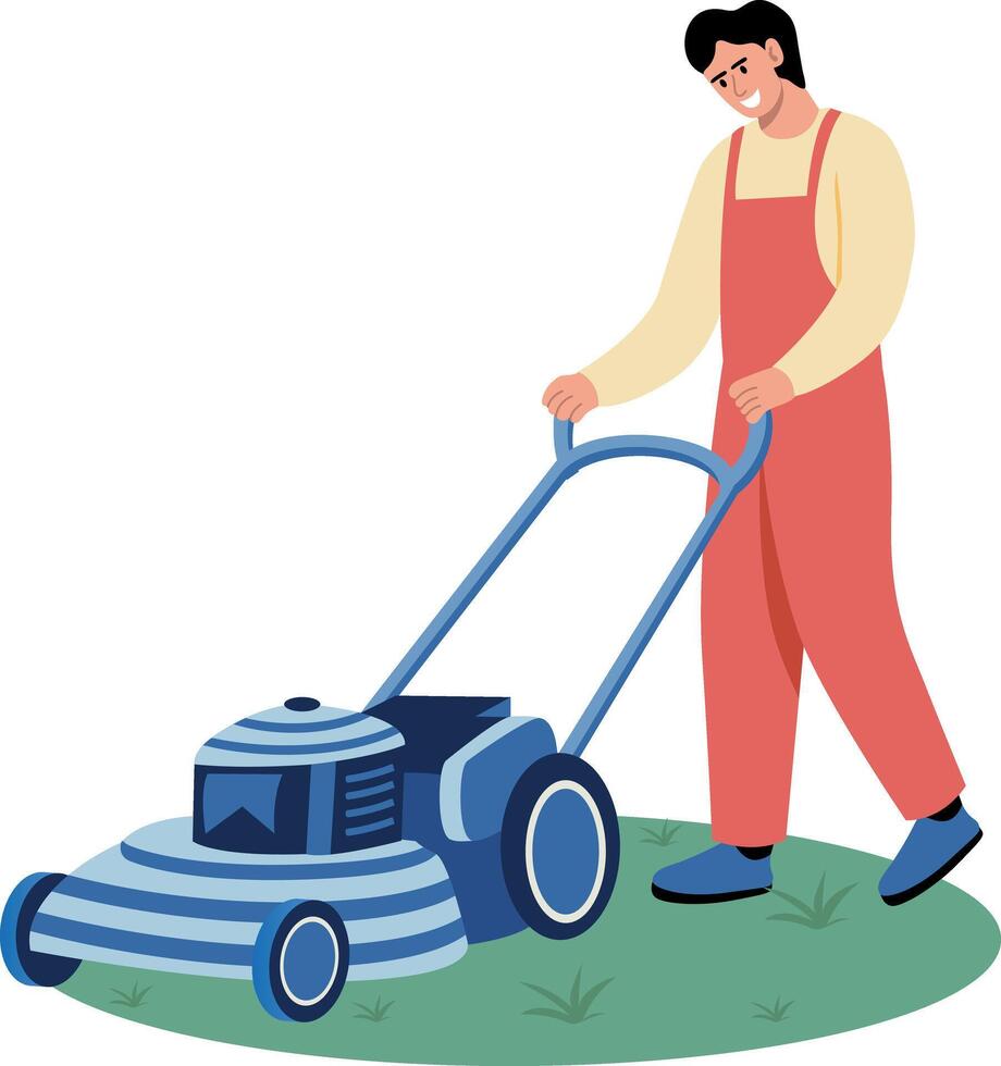 A flat style illustration showing a character using lawn mower vector