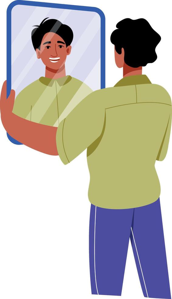 Flat style illustration depicting a character seeing his reflection in mirror vector