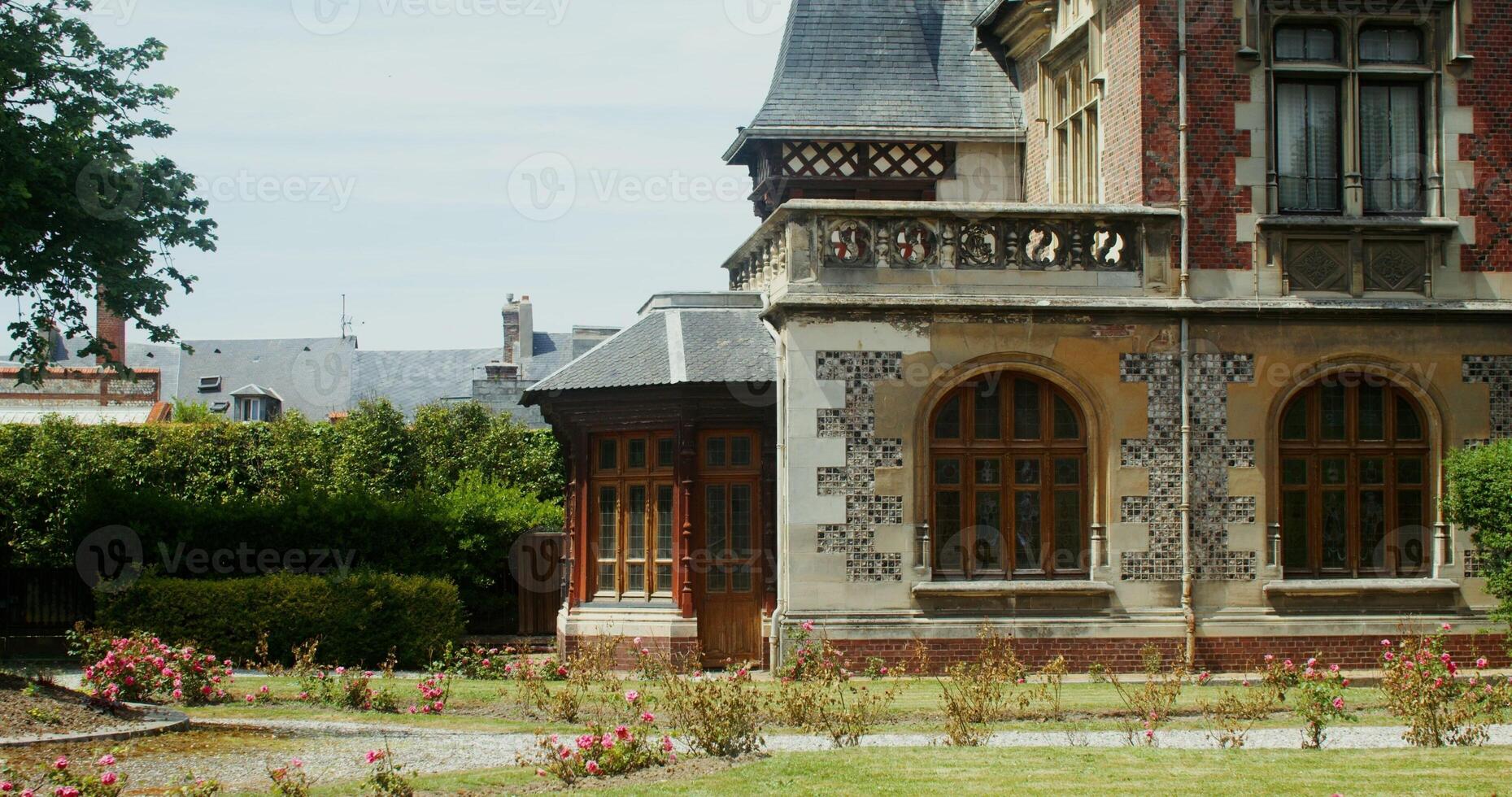 Close-up of a beautiful mixed sptley historic building. Traditional houses of Normandy. F camp, France. 4k , red komodo photo