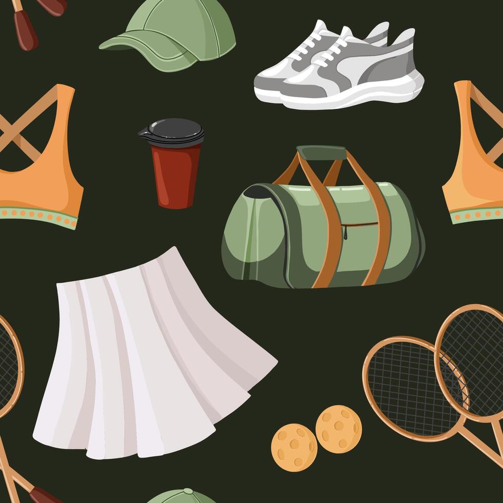 Seamless pattern in hand drawn flat style featuring tennis equipment and apparel, including rackets, balls, shoes, and sportswear on dark background. vector