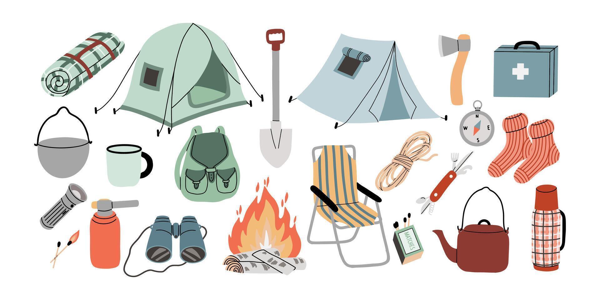Flat illustration featuring a colorful set of isolated camping gear and outdoor items. Perfect for travel and adventure designs. vector