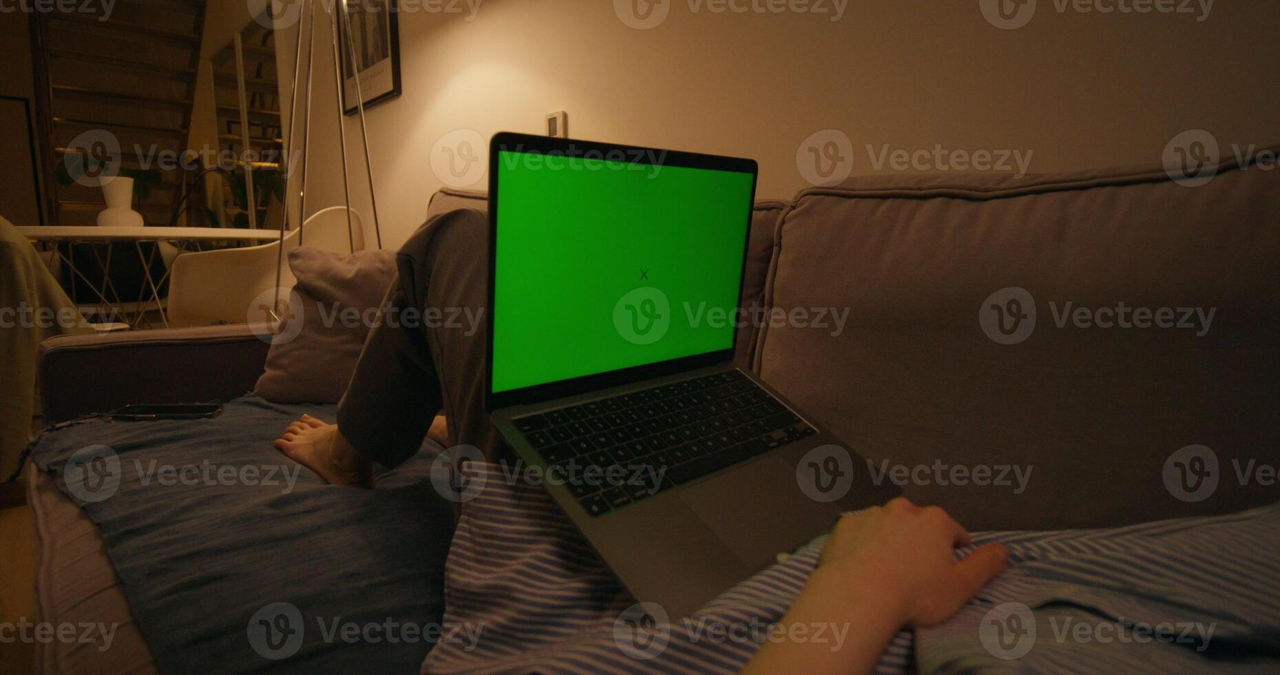 A woman uses a laptop with green screen lying on the couch in an apartment with dim lights - apartment photo