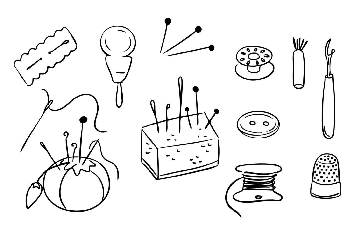 Collection of hand drawn sewing tools including needles, thread, thimble and pins in doodle style. Represents crafting, tailoring and needlework concept vector