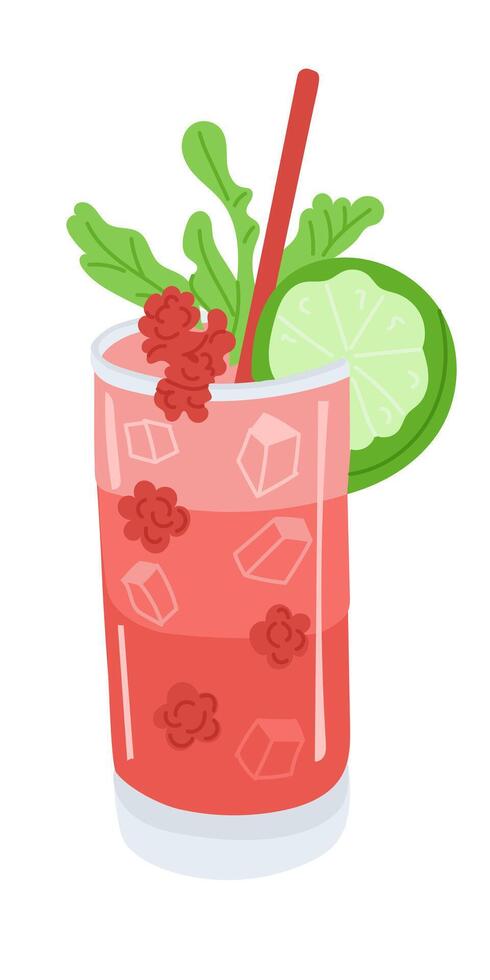 Refreshing berry cocktail with lime, ice cubes and herbs in a glass with a straw. Concept of summer drink, freshness and healthy lifestyle vector