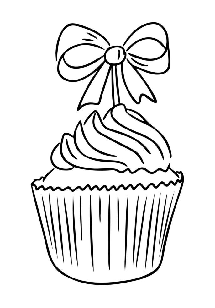 Cupcake with swirled frosting and a decorative bow topper in black and white. Sweet dessert and festive celebration concept in cute hand drawn style vector