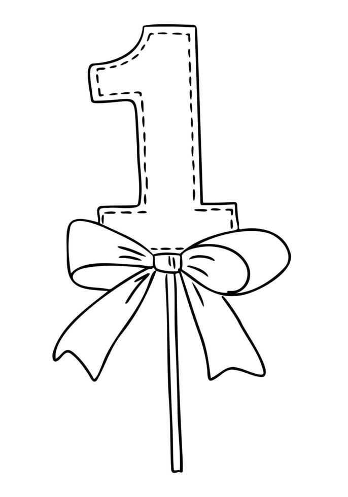 Number one with stitched outline and decorative bow on a stick in black and white. Birthday celebration and first milestone concept in cute hand drawn style vector